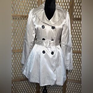 Charlotte Russe Y2K Silver Double-Breasted Midi Trench Coat - Small